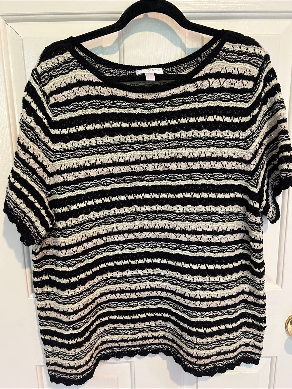 Belle by Kim Gracel Black&White Short-Sleeve Boho Pointelle Stripe Boho Sweater